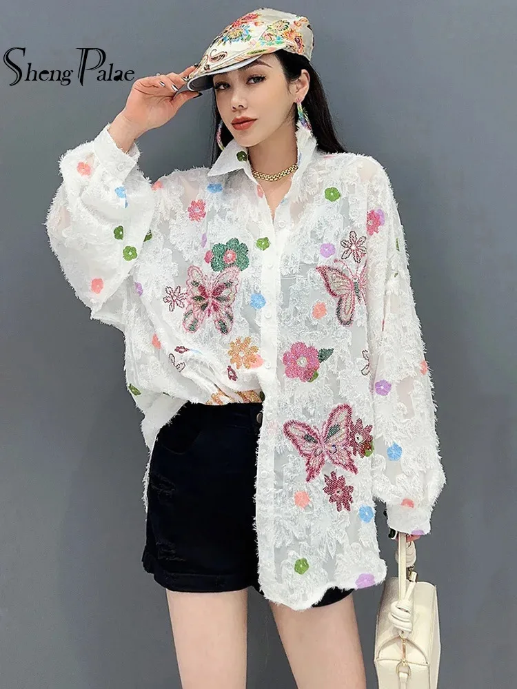 SHENGPALAE Embroidery Flocking Shirt For Women Spring Elegance Versatile Lapel Contrast Color Blouse Spring 2024 New Tide 5R9464