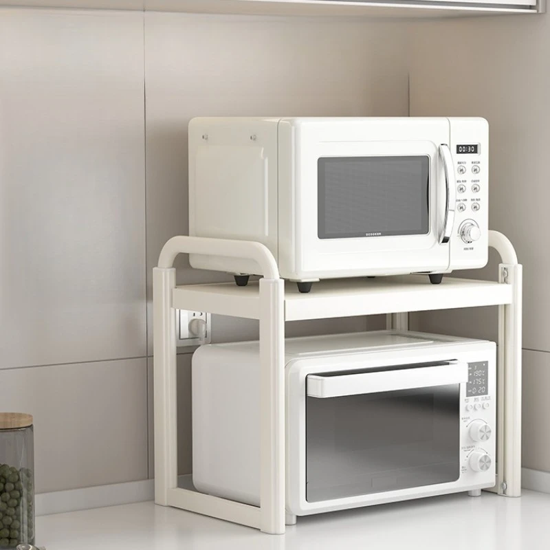 

Kitchen shelves, home desktop, white microwave oven, oven appliances above
