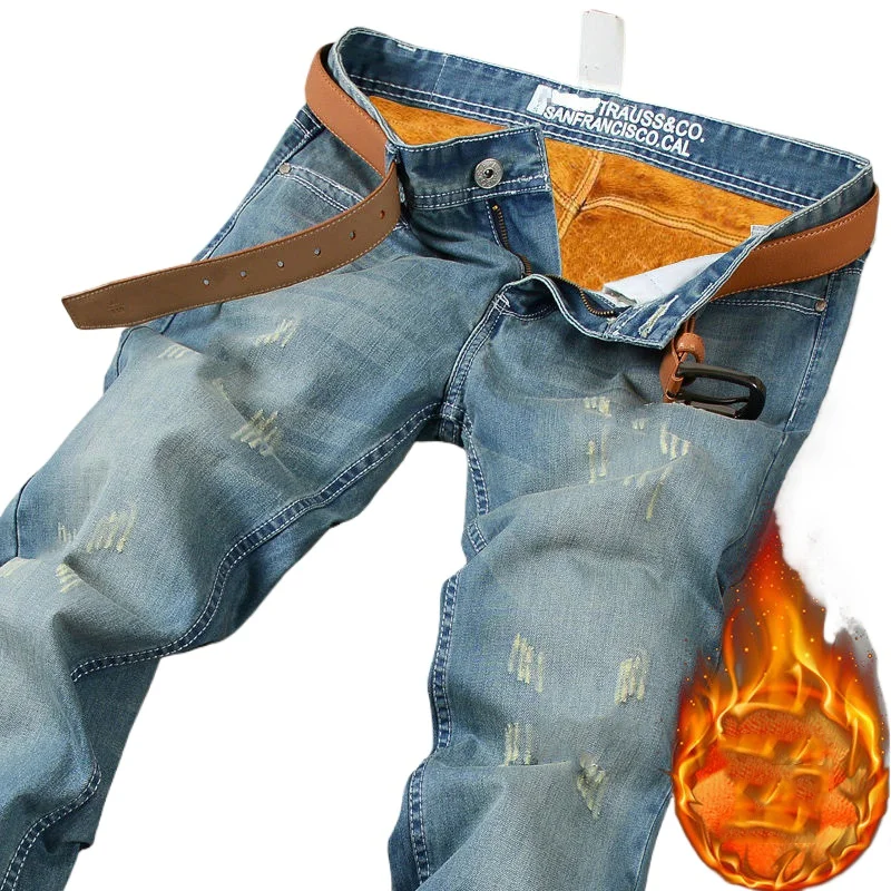 

2025 мужские осенне-зимние теплые фланелевые эластичные джинсы, качественные флисовые брюки, мужские прямые флокированные брюки, мужские джинсы