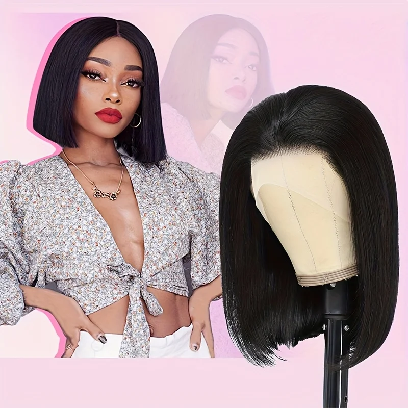 

Bob Wig 100% Human Hair Wigs 200% Density Pre Cut Plucked Lace Short Wig Ready To Go Natural Color Straight Wigs