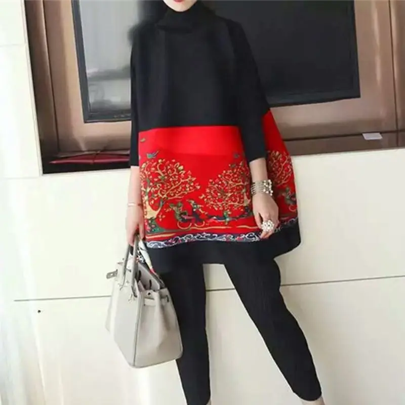 2025年春新作 カラーマッチングプリント 大きめサイズ プリーツTシャツ レディースファッション レトロ ゆったり ミディアム丈トップス