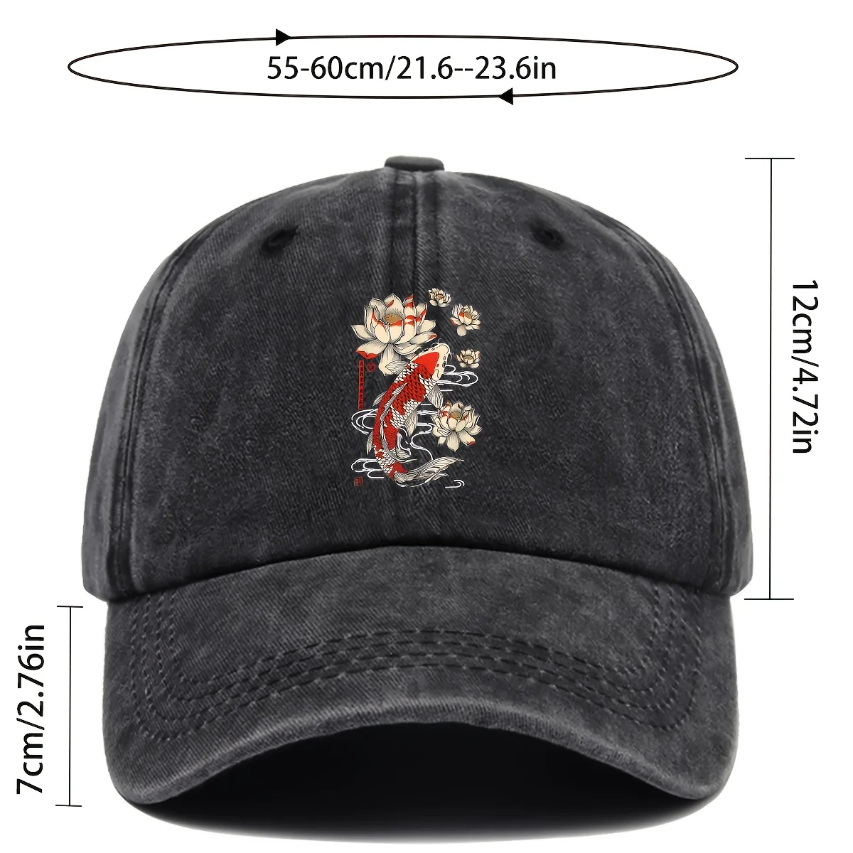 1pc Japanese Hokkaido Wave Koi Baseball Cap with Red and for Lotus Print, Comfortable Breathable Lightweight Black Papa Trucker