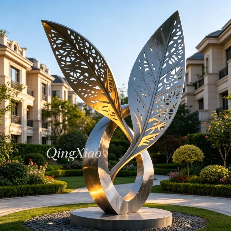 LED Glowing Hollow Leaf Ring Stainless Steel Sculpture Mirror Polished Custom Luxury Decor Outdoor Modern City Square Landscape