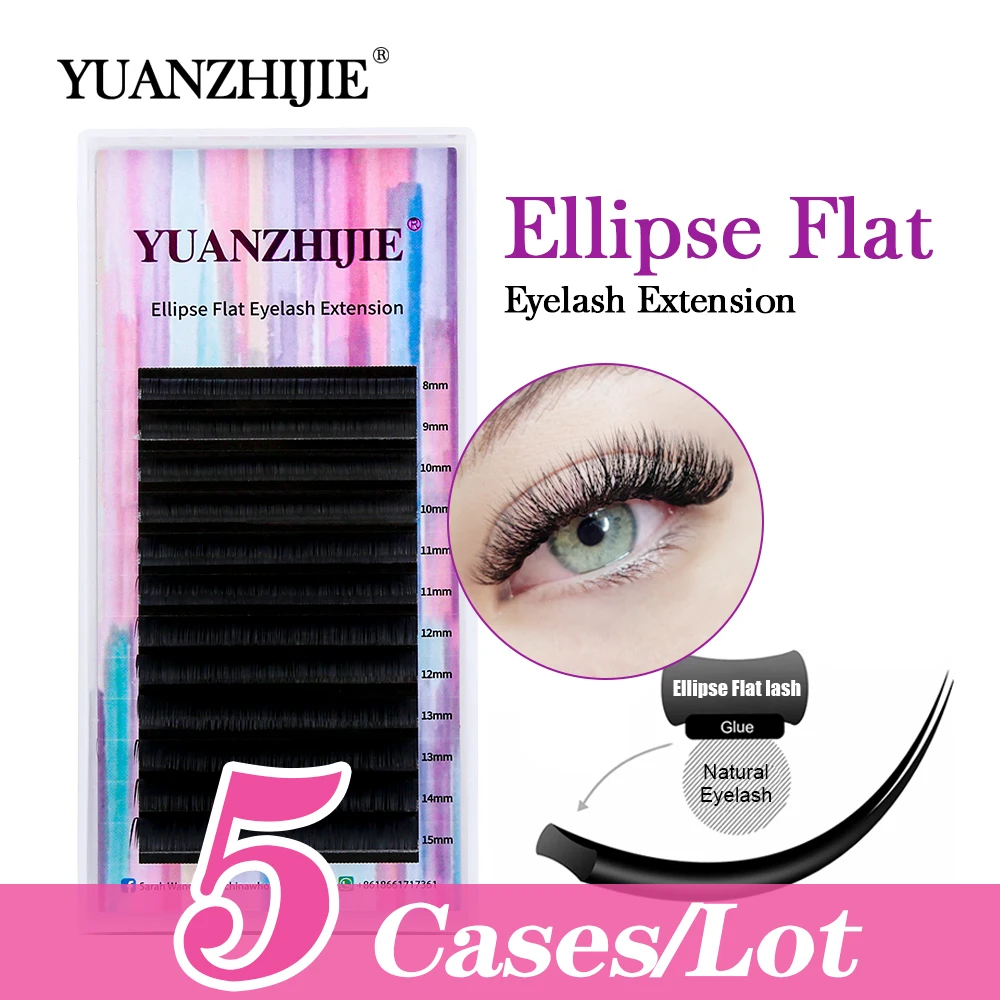 

5cases/lot YUANZHIJIE 8-15mm Ellipse Eyelash Extension Dark Black Flat Lashes Semi-permanent Individual Very Soft Ellipse Wires