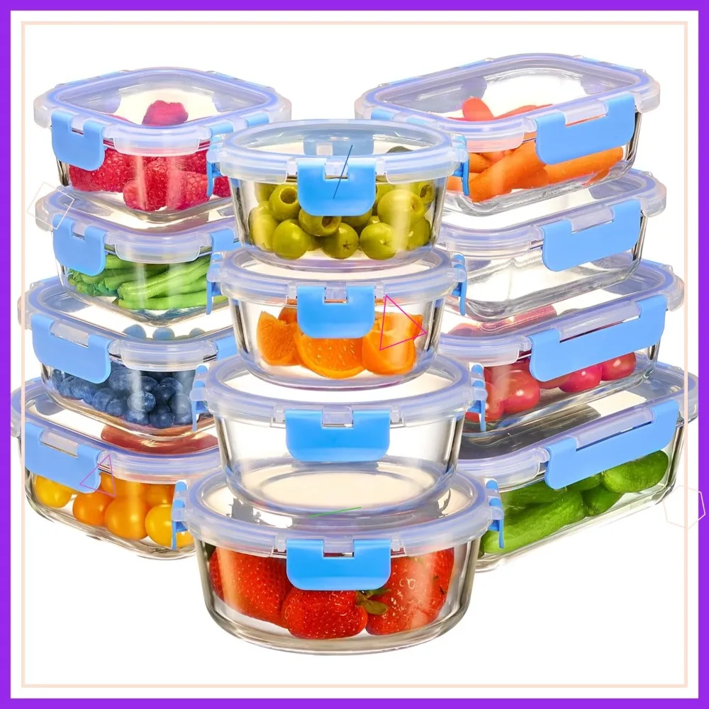 

Набор из 24 герметичных стеклянных контейнеров для хранения продуктов с крышками, пригодных для мытья в посудомоечной машине, для приготовления еды и остатков, синего цвета