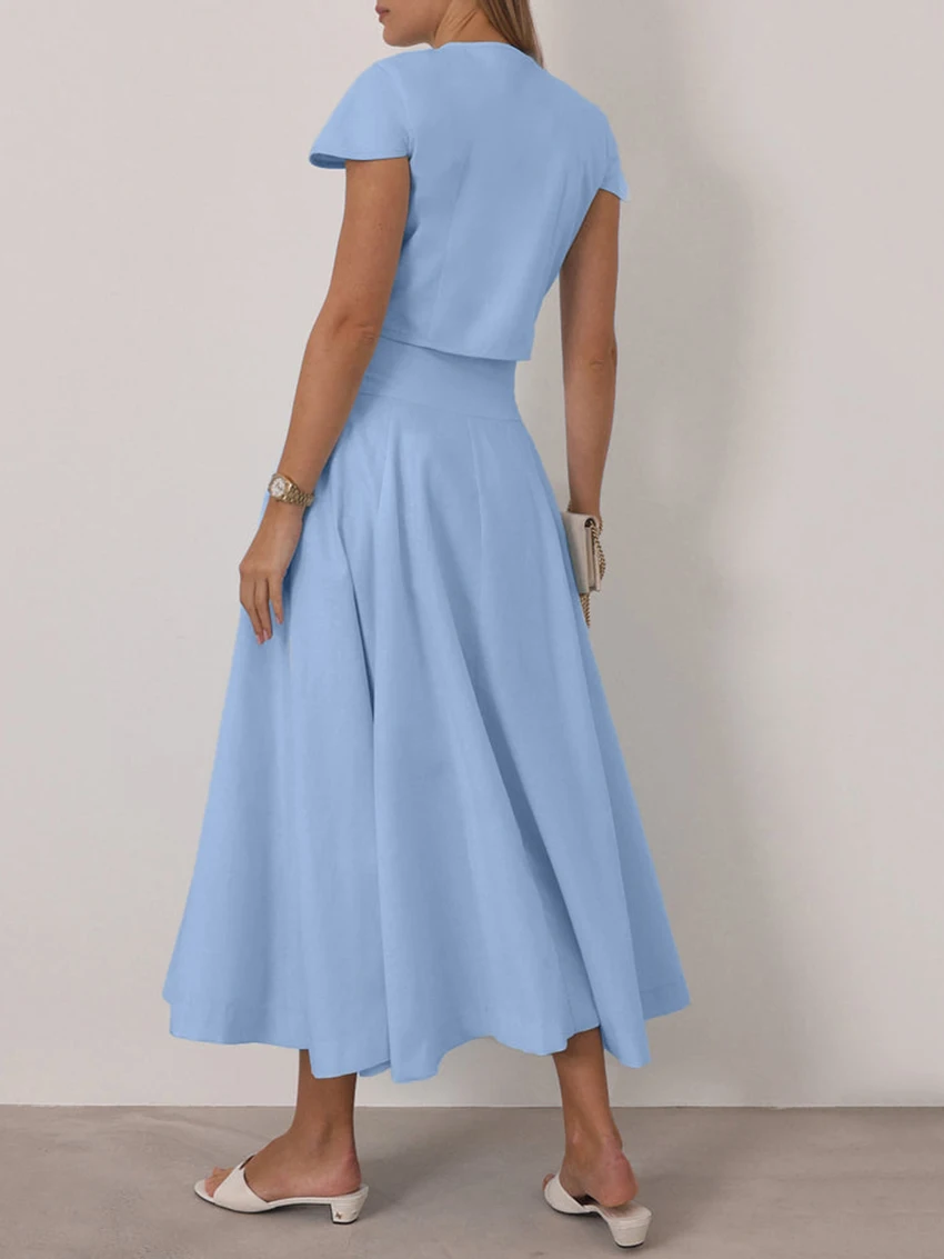 Marthaiqiqi Summer Female Nightwear Suit O-Neck Pajamas Short Sleeve Sleepwear Crop Top Nightie Long Skirt Casual Nightgowns Set