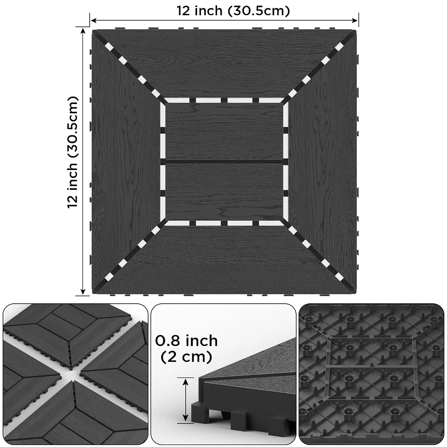 Plastic Interlocking Deck Tiles Waterproof 12x12'' Exstra Long Patio Flooring 44 sqft Outdoor Deck Tiles for All Weather Use - B