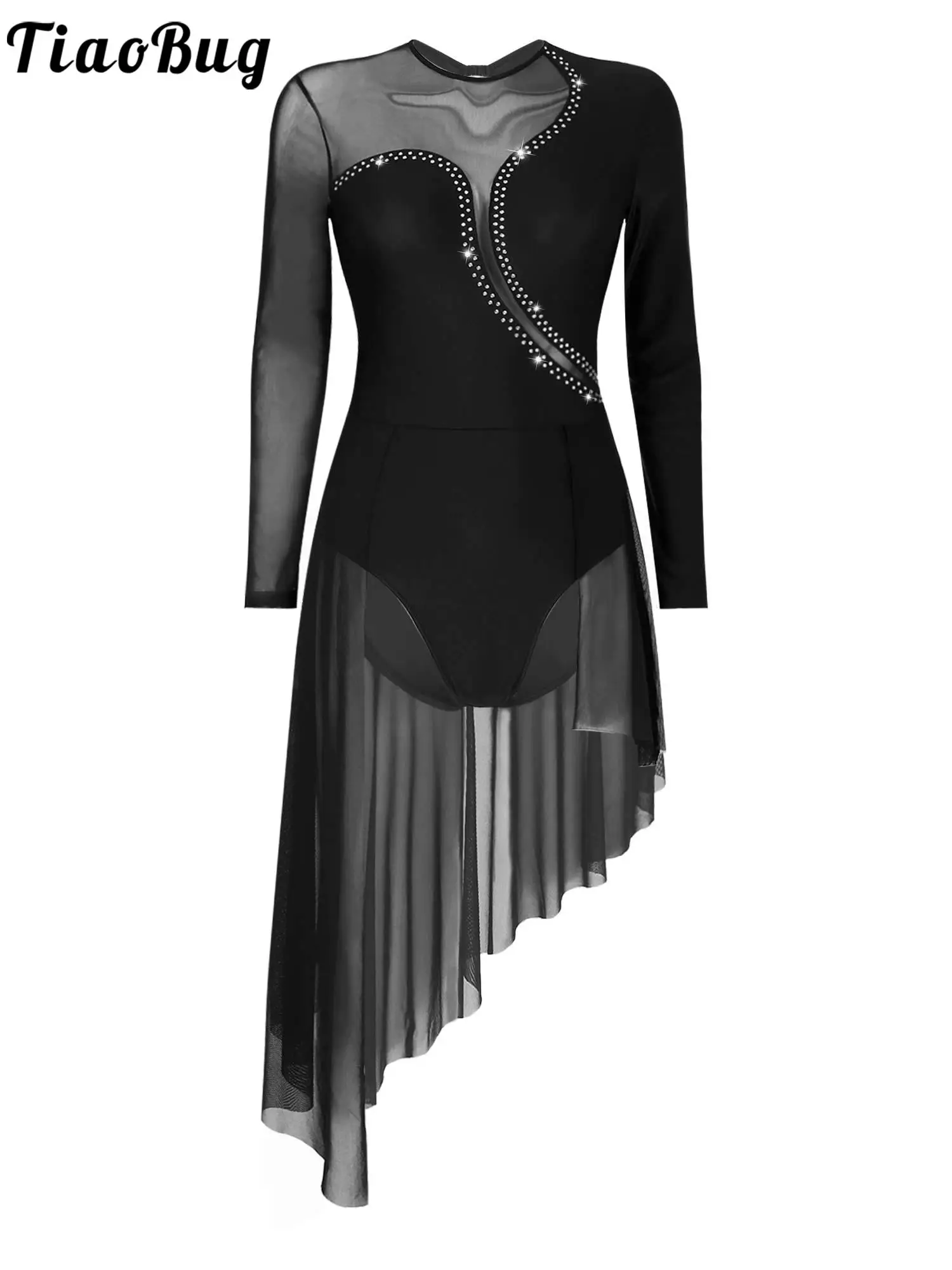 

Womens dance Dress Shiny Rhinestone Cutout Back Long Sleeve Dance Dress Asymmetrical Sheer Mesh Skirted Leotard dancewear