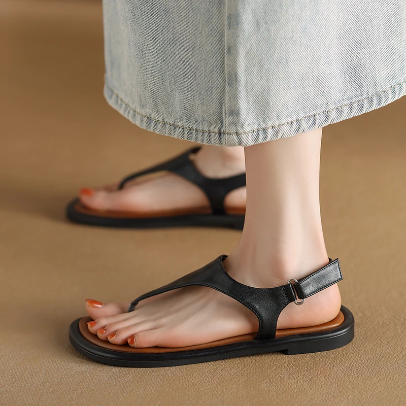 JOZHAMTA Size 34-39 Real Leather Women Flats Sandals 2025 Ins Fashion Flip Flops Low Heels Summer Shoes Casual Daily Beach Dress