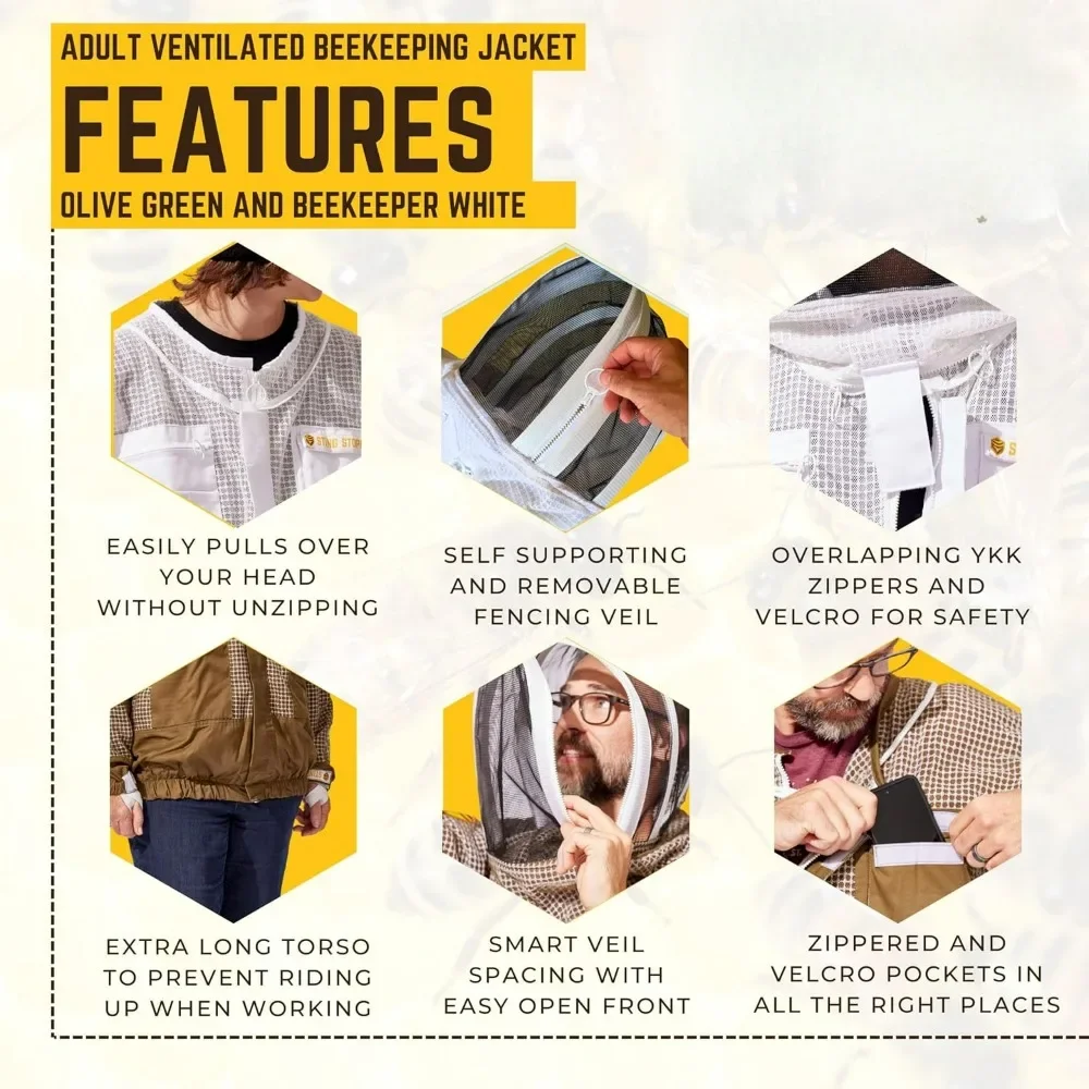 Protective Clothing Ventilated Beekeeping Jacket with Extended Toros Quick Pullover Design Overlapping Zippers for Men and Women