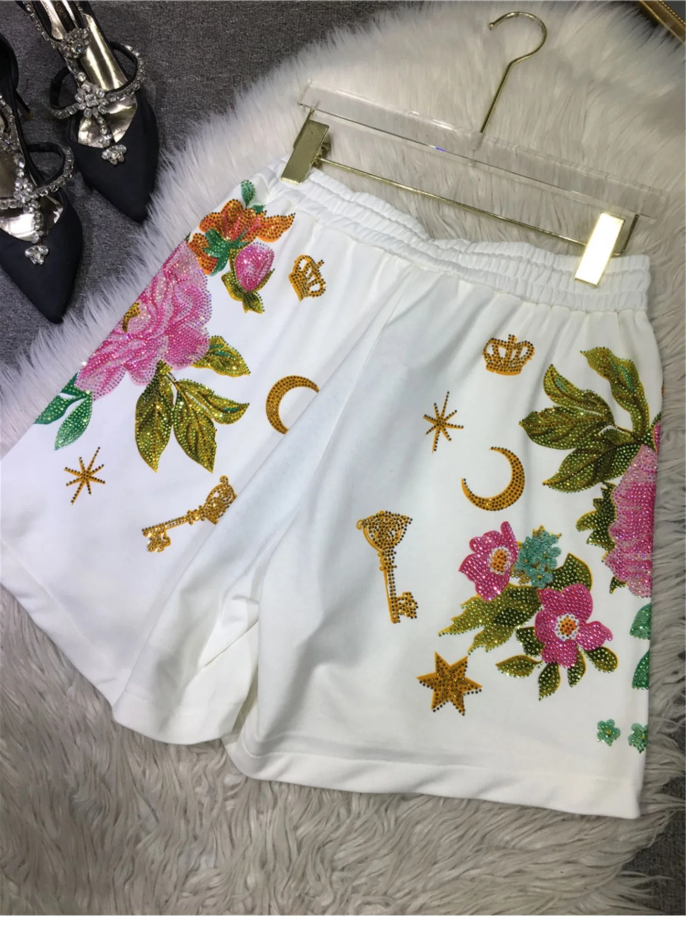 Short à fleurs vintage grande taille, haute qualité, perles, taille élastique, poches décontractées, été, printemps, nouveau