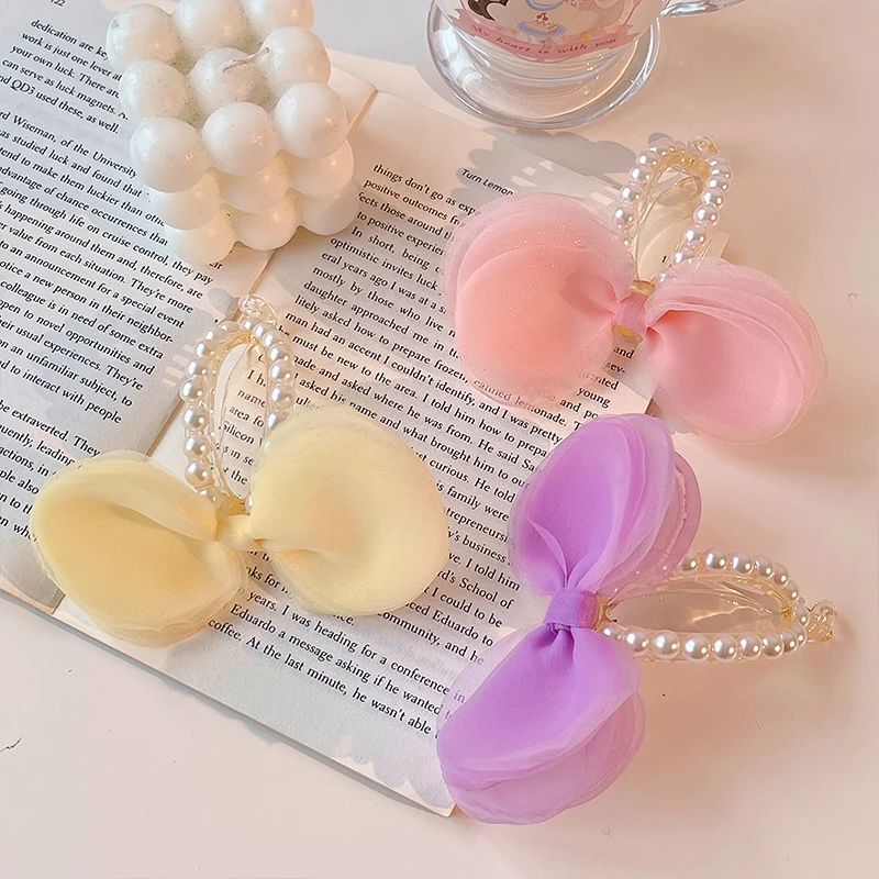 2026 Neue Sommer-Organza-Haarspangen mit Schleife für Damen und Mädchen, modische Kunstperlen, schonende Haarhalter für Pferdeschwänze, Haar-Accessoires – Detail 6