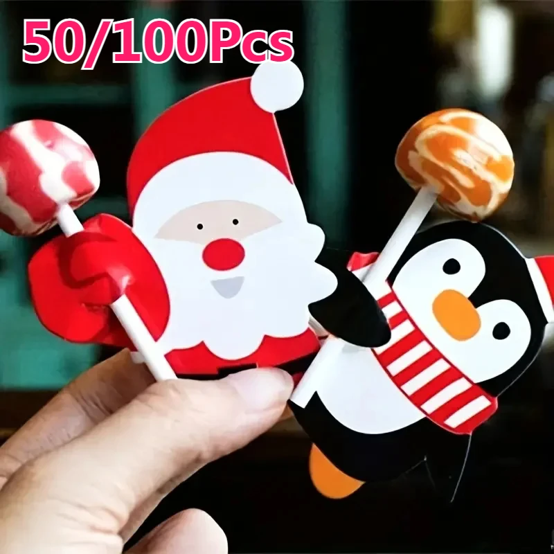 

50/100pcs Christmas Lollipop Paper Card Cartoon Santa Claus Penguin Snowman Candy Gift Bag Packaging New Year Party Decoration