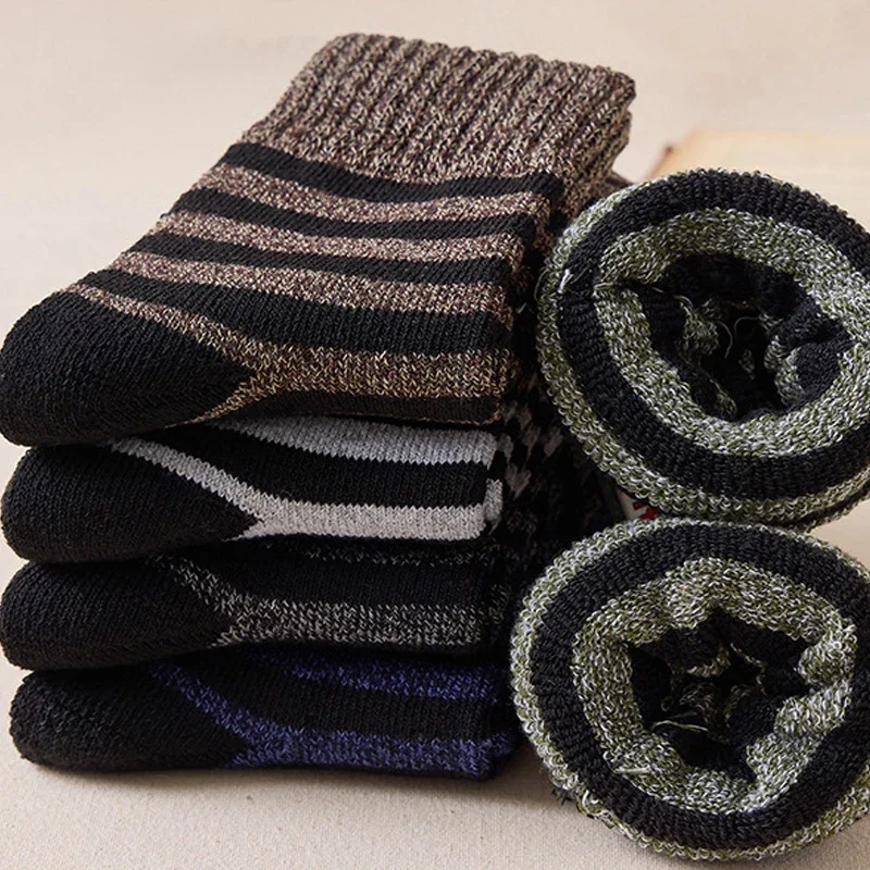 5Pairs Winter Warm Thick Wool Socks Retro Solid Striped Color Mid Length Sock Soft Ultra Thicker Men Antifreeze Cashmere Socks