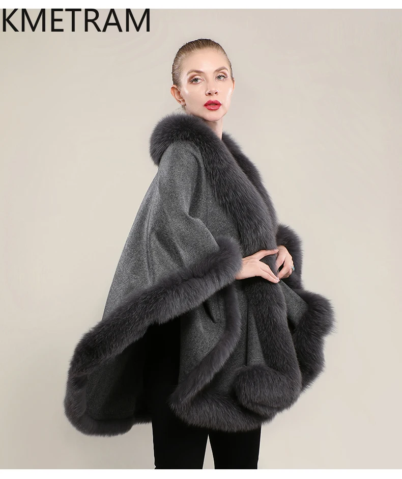 90% Wool + 10% Cashmere Cloak with Fox Fur Collar Winter Real Fur Coat Woman Party Shawl Coats Women Clothing 2025 шуба женская