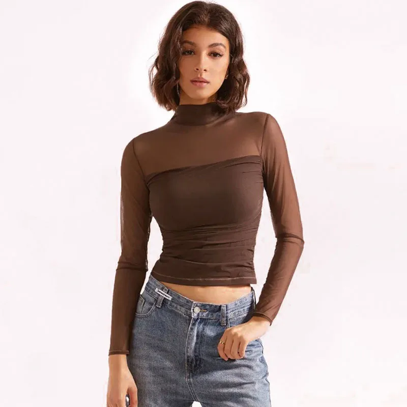 Apprabant Simple Perspective Mesh Splicing T-shirts 2024 Autumn Half High Collar Long Sleeved Sexy Spicy Girls Slimming Top