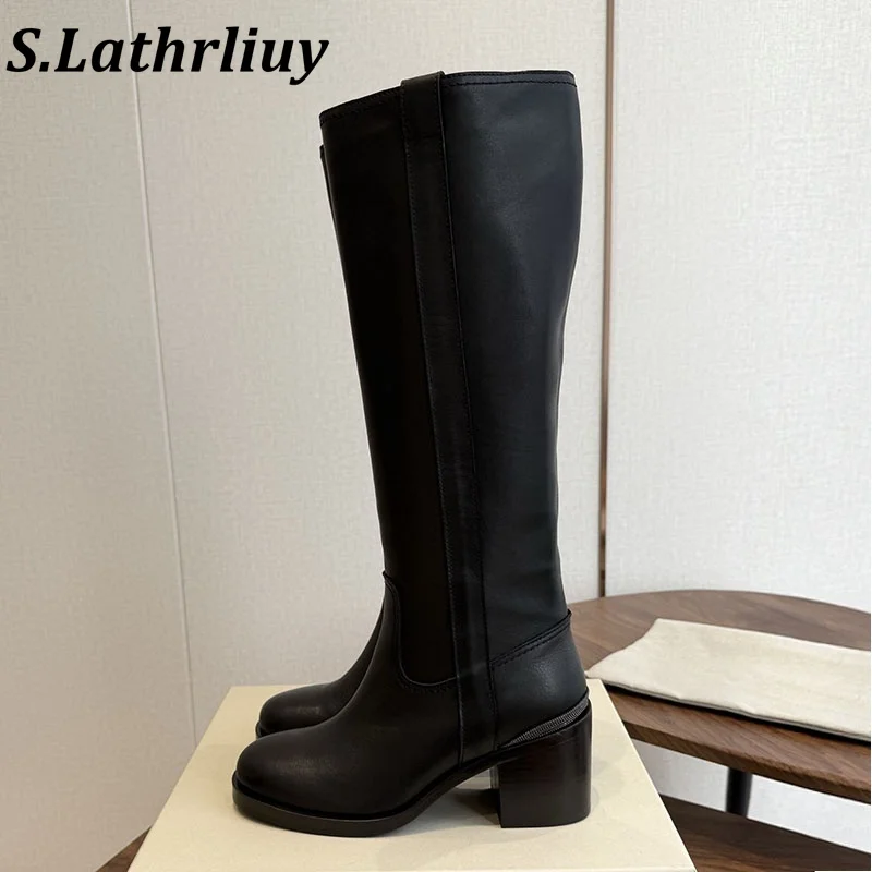autumn and winter women's solid color leather simple thick heel long leg fashionable boots comfortable office commuting boots