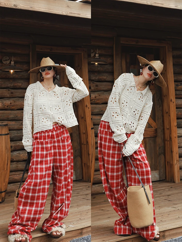 TIYIHAILEY pantalones largos de pierna ancha para mujer Otoño Invierno pantalones con bolsillos cintura elástica Casual a cuadros señoras 2025 moda rojo