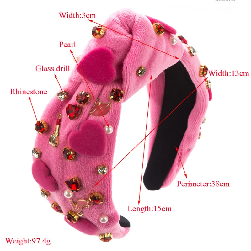 New Baroque Valentine's Day Headband Handmade Sewn Glass Diamonds Love Hairbands Wide Edge Hair Accessories for Women