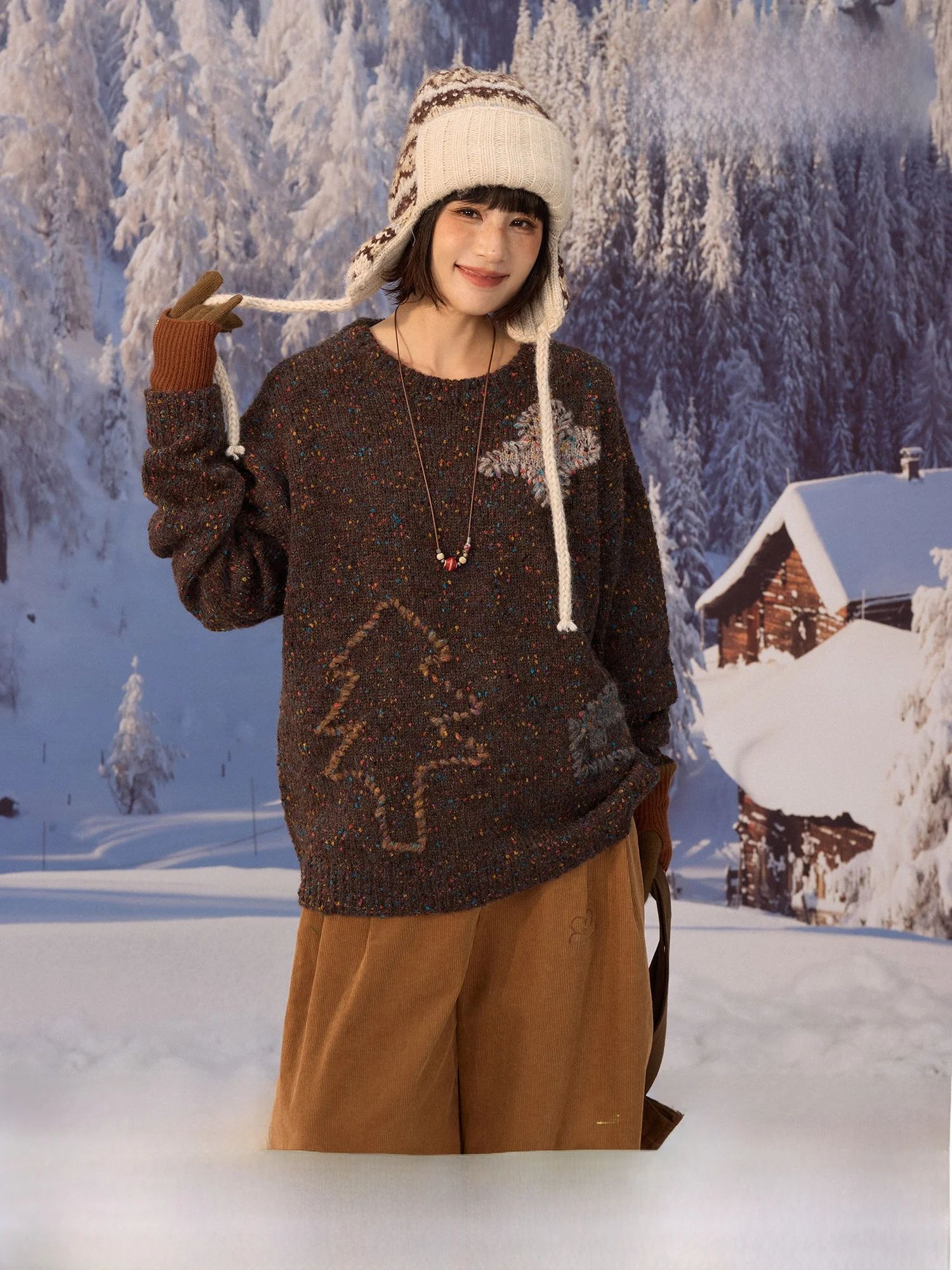 

Retro Sle Women's Knitwear Winter New Year Loose oulder Casual Dot Floral Wool Blend Long Sve round Ne Sweater