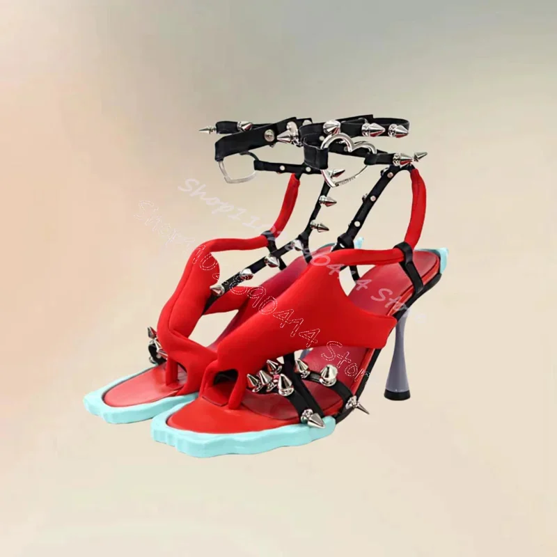 

Spikes Decor Mixed Color Strappy Flip Flop Sandals Buckle Strap Women Shoes Thin High Heels Party Feast 2025 Zapatos Para Mujere