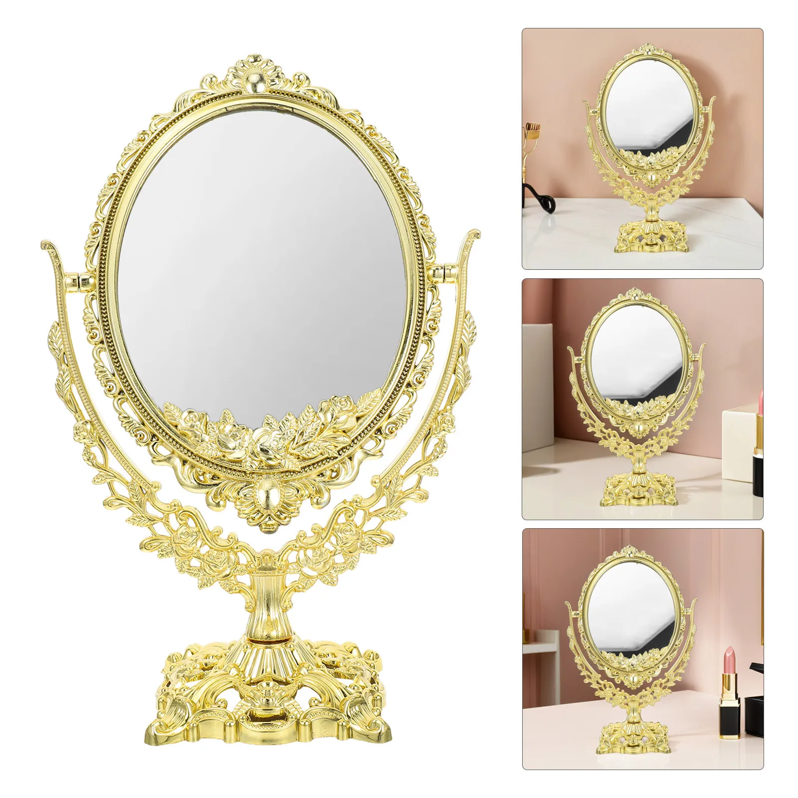

Double Sided Vintage Table Mirror 360 Degree Swivel Oval Desktop Makeup Mirror for Vanity Desk Space Saving High Definition