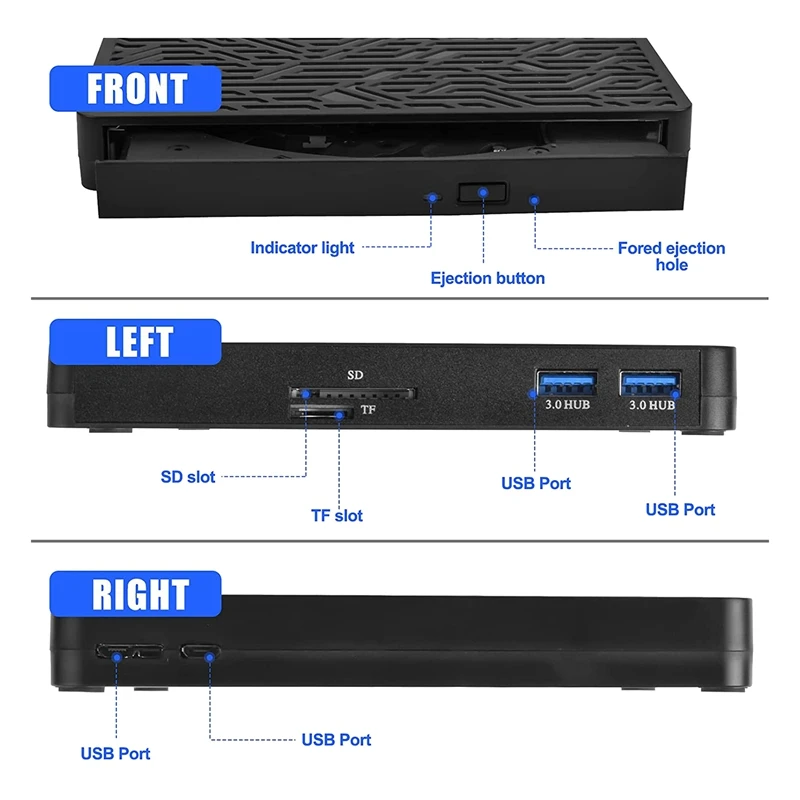 Внешний DVD-привод, USB3.0/Type-C DVD CD ROM +/-RW-плеер для ноутбука, записывающее устройство оптического диска с 2 портами USB3.0, SD/TF