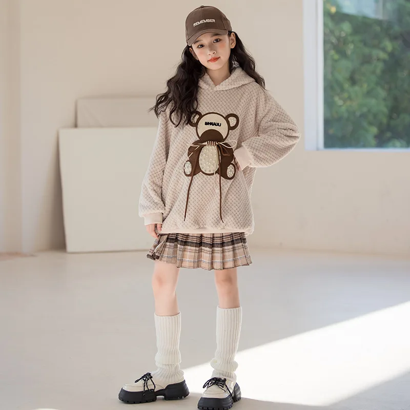 

2025 Korea Autumn Winter Sets For Girls Litter Bear Plus Velvet Junior Girl Hooded Top Teenager Girl Checkered Pleated Skirt