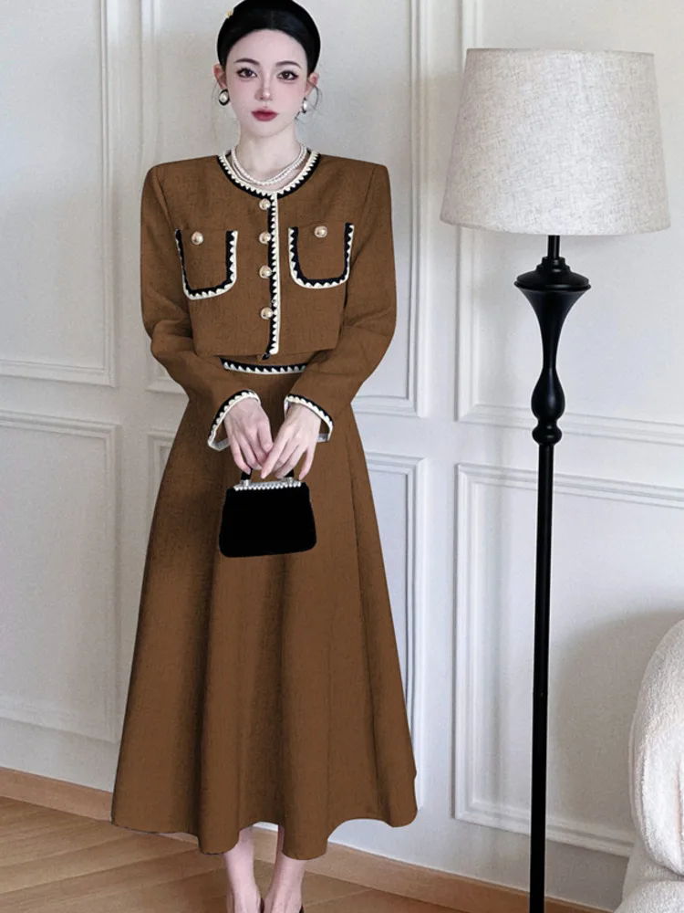 Small Fragrance Two Piece Set Women Puff Sleeve Shirt Crop Top + Pleated Long Skirt Suits Fall Winter French Vintage 2 Piece Set