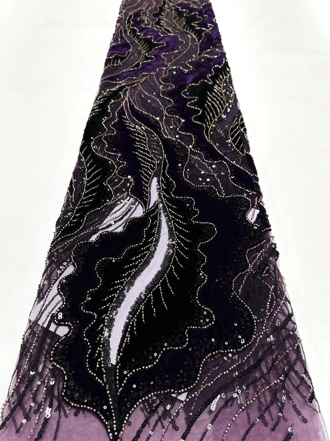 

Luxury African Beaded Lace Fabric 2025 Purple Luxurious French Velvet Mesh Sequin Embroidered Lace Fabric Party Evening Gown