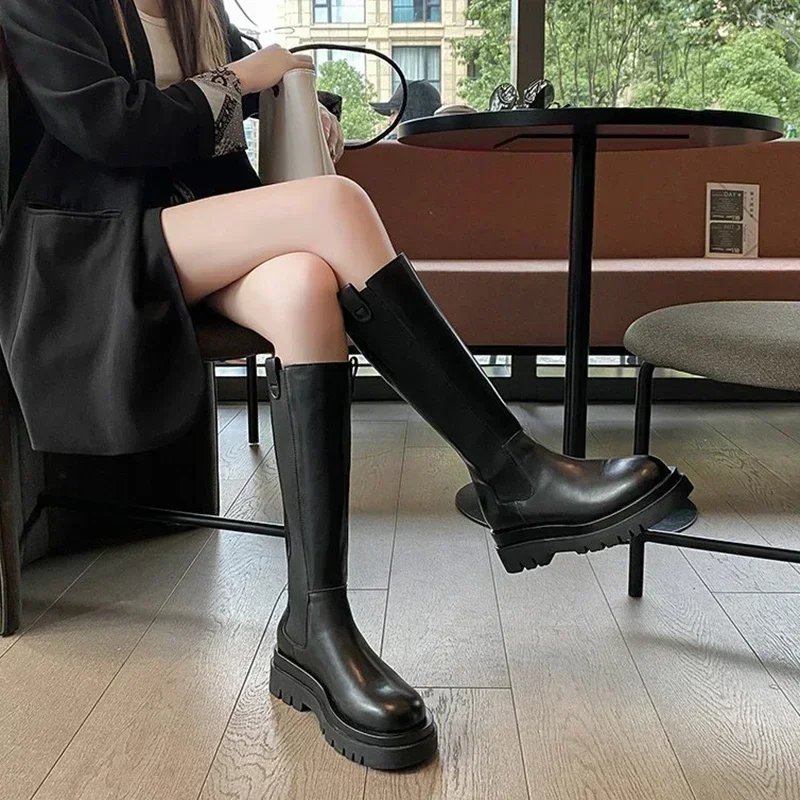 Damen Hohe Stiefel Mode Rutschfeste Wasserdichte Winter-Reißverschluss PU-Leder Kniehohe Stiefel Damen Klobige Plateau-Langstiefel – Detail 16