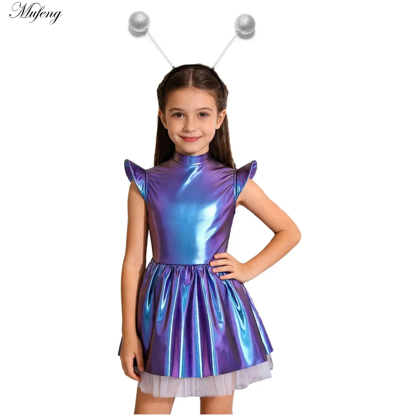 Kids Girls Alien Robot Dress Outer Space Costume Glossy Metallic Ruffled Mesh Tutu Dress for Ballet Dancewear Halloween Cosplay