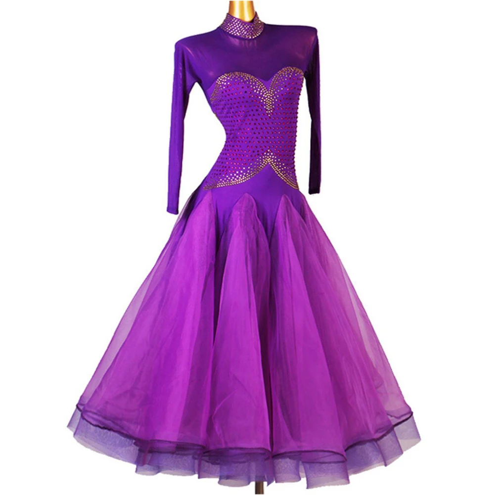 

High Quality Competition Ballroom Dance Suit Purple Long Sleeve Luxury Rhinestone Costume Performance Female High Collar Waltz