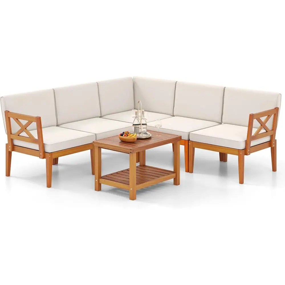

Acacia Wood Outdoor Patio Furniture Set, L-Shaped Sectional with Cushions and 2-Tier Coffee Table for Garden, Porch, Poolside, a