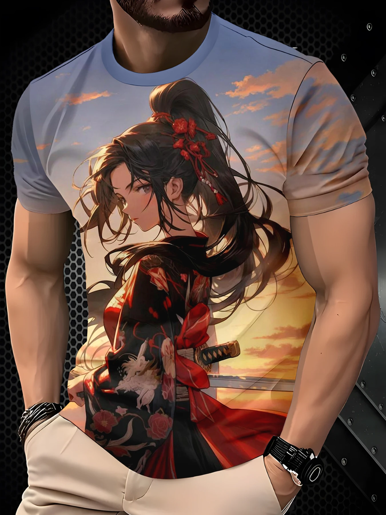 Men Crew Neck Tee With Scenic Sunset Cartoon Lady Art Decor Print