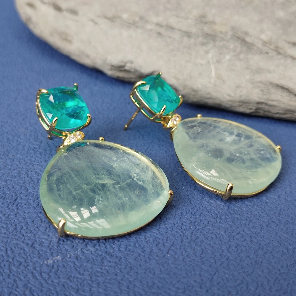

kkgem Natural 25mm Green Fluorite green Crystal Charm Dangle Earrings