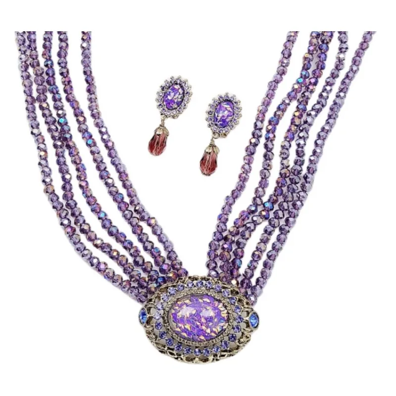 

New Statement Retro Style Versatile Voilet Rhinestone Paved Purple Healing Sense Pendant Fashion Earring Necklace 2025 New Style