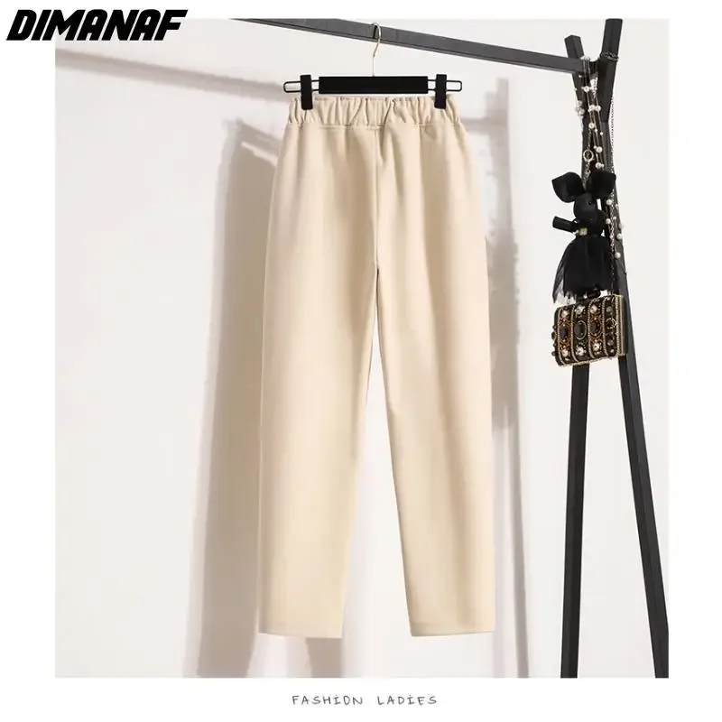 Dimanaf-Pantalones largos de lana de algodón grueso para mujer, pantalón holgado informal, talla grande, otoño e invierno, 2024