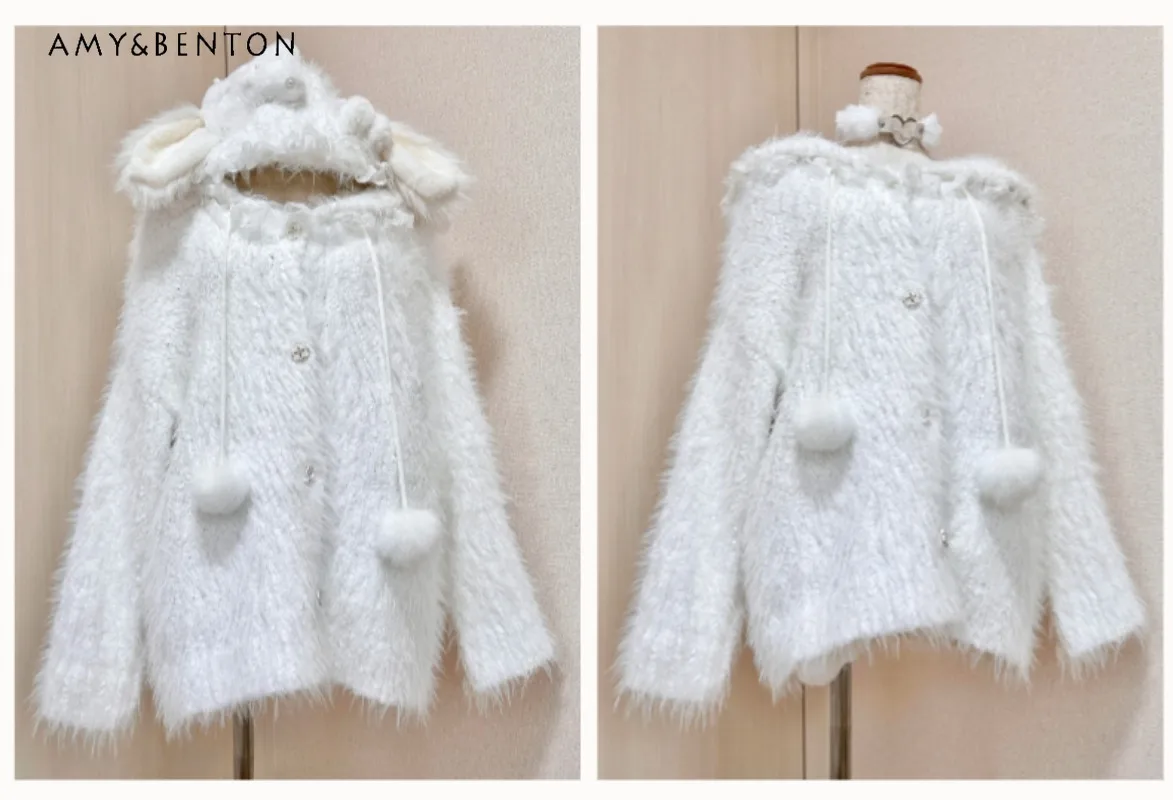 

Японский милый кролик с капюшоном, плюшевый вязаный кардиган, женский осенне-зимний однотонный свободный утягивающий белый кардиган для девочек