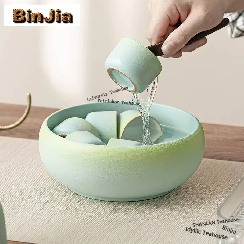 1000ml Gradual Blueish Green Ceramic Jianshui Tea Cup Wash Writing-brush Washer Slag Tank Tea Garbage Can Chaxi Decoration