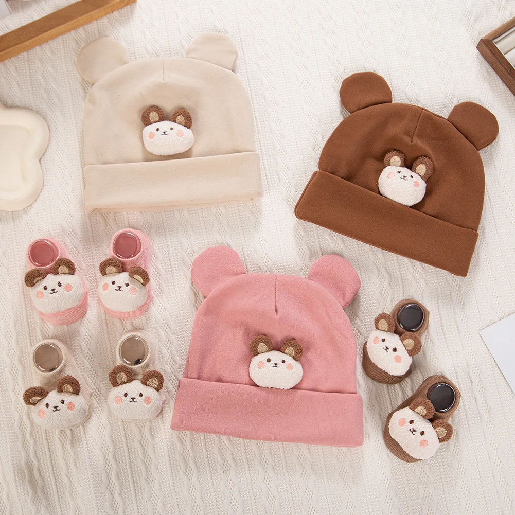 2Pcs/Set Autumn Winter Cute Bear Baby Turban Hats & Knitted Short Socks Stockings Newborn Infant Caps Beanies Kids 0-12 Months H