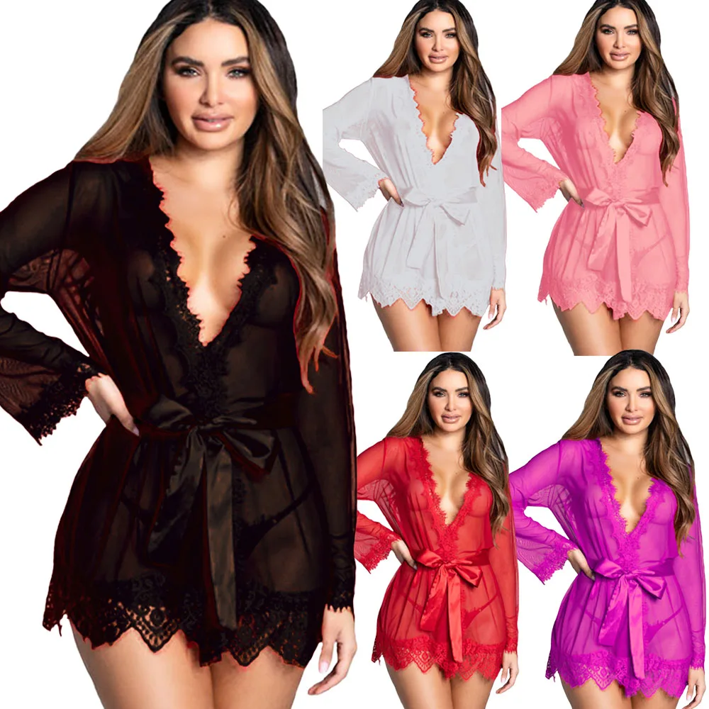 Sex Transparent Underwear Short Dress Robe+G String Women Sexy Lace Trim Sleepwear Lingerie Babydoll Erotic Nightgown