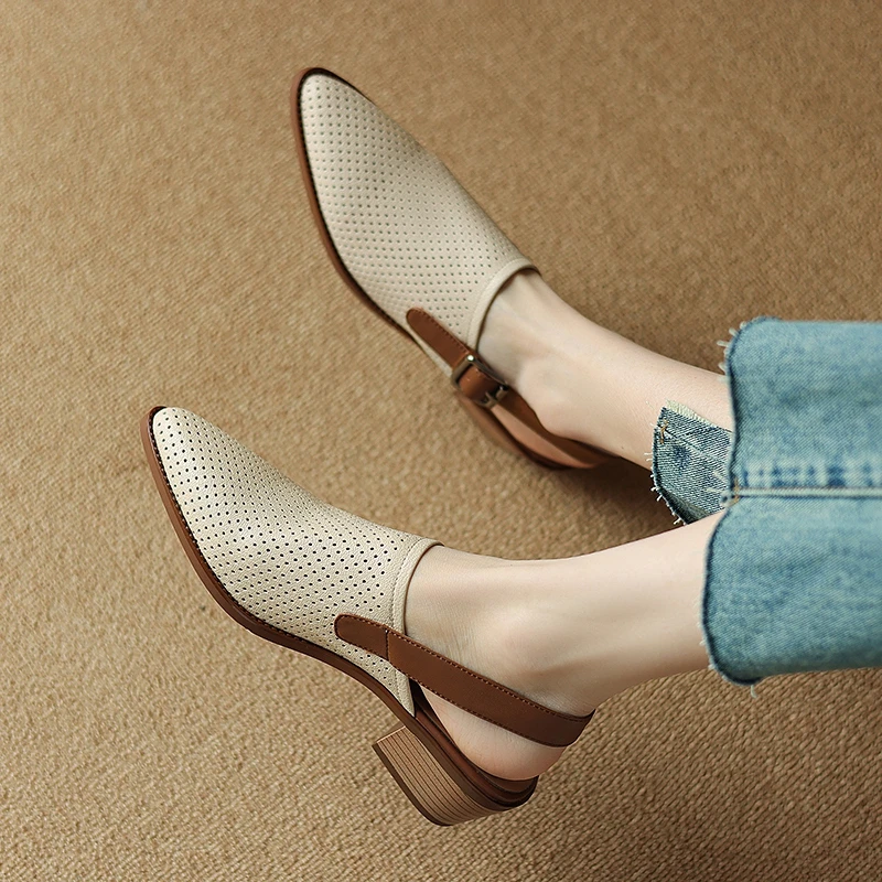 

Women's new summer genuine leather sheepskin hollow breathable elastic belt buckle, mid heel M ü ller shoes, fashion sandals