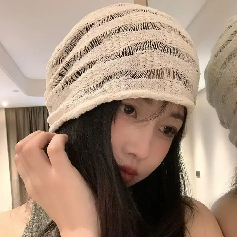 Ladies' Hoodies Japanese Casual Hollow Knitted Solid Color Fashionable Versatile Sweet Pile Caps Thin Breathable Hats For Girl