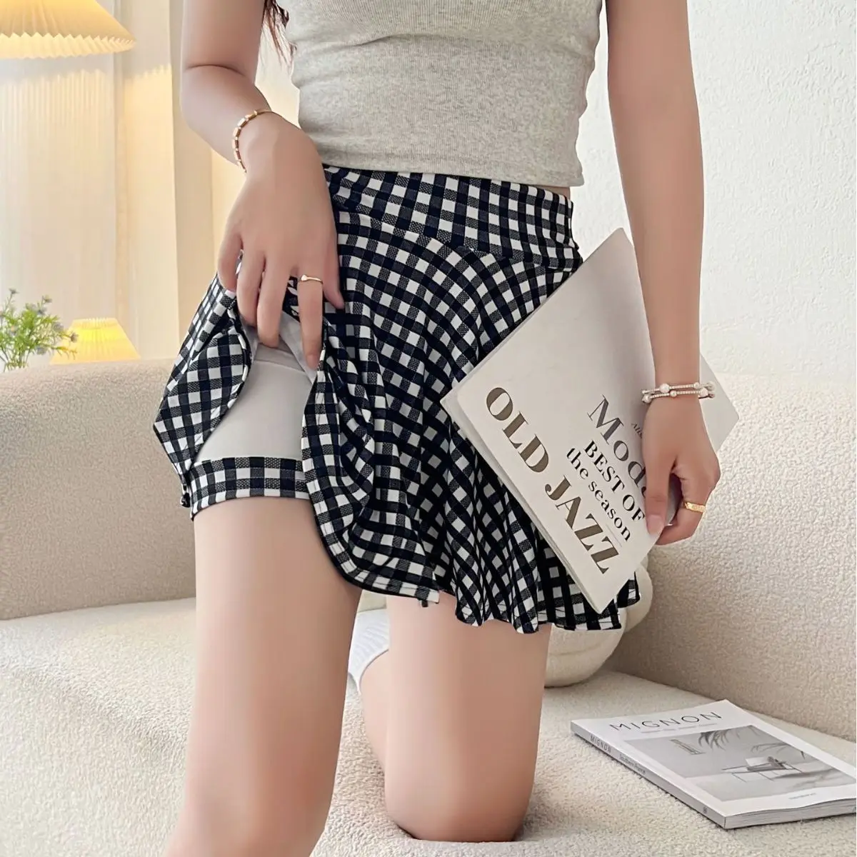 Fashion Women's Basic Skirt Summer Mini Elastic Pleated Skirt Lined Shorts Printing Plaid Korea Girl Uniform Safety Pants Skirt