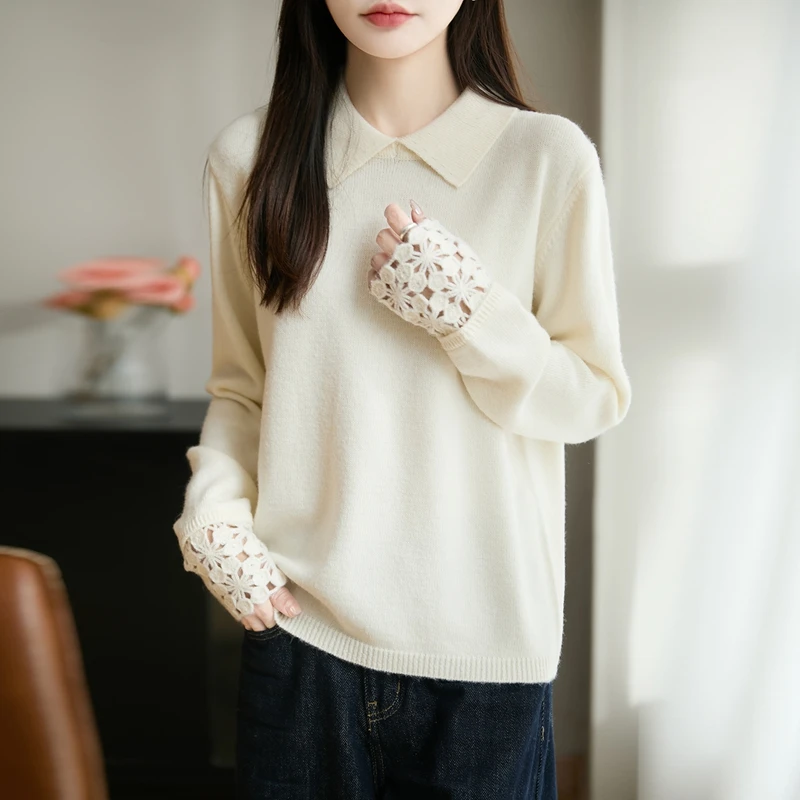 

Ele Hollow out Embroidery Collar irt Women's White Knit Design Base Layer Doll Collar Inner Wear Casual Commute Sle
