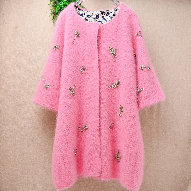 

1.1KG Women Sweet Pink Hairy Mink Cashmere Knitted Fashion Beading Half Sleeves Medium Long Sweater Cardigans Coat Jacket Tops