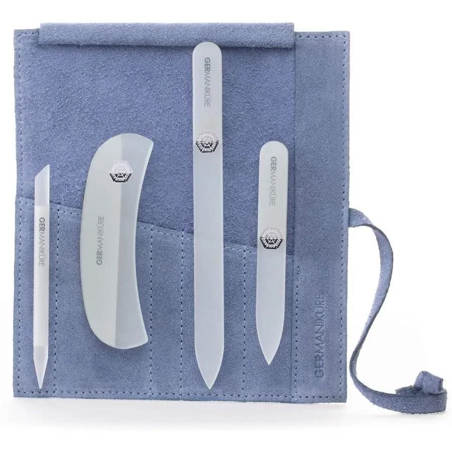

Gray Crystal Glass Nail File Set in Light Blue Suede Case for Professional Manicure and Pedicure Care Handmade in Czech Republi