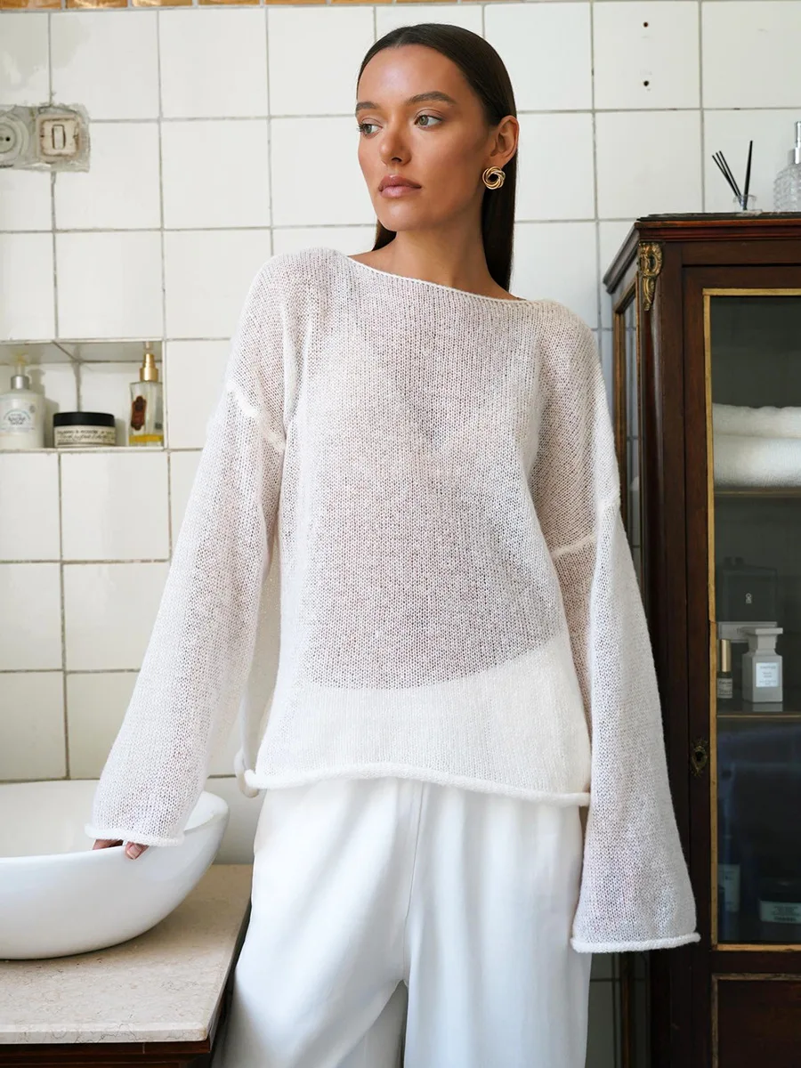 

Elegant Hollowed Knit Sweater Women 2025 Summer Autumn Casual See Through Thin T-shirt Fashion Loose O-neck Women Pullovers Chic