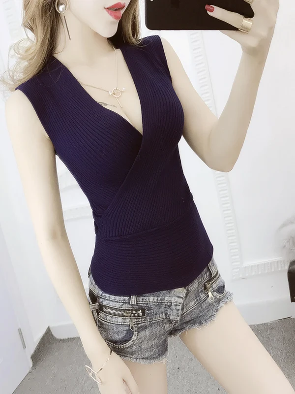 여성 니트 조끼 크로스 웨이스트 브이넥 슬림 핏 베이스 셔츠 통기성 캐주얼 고탄력
